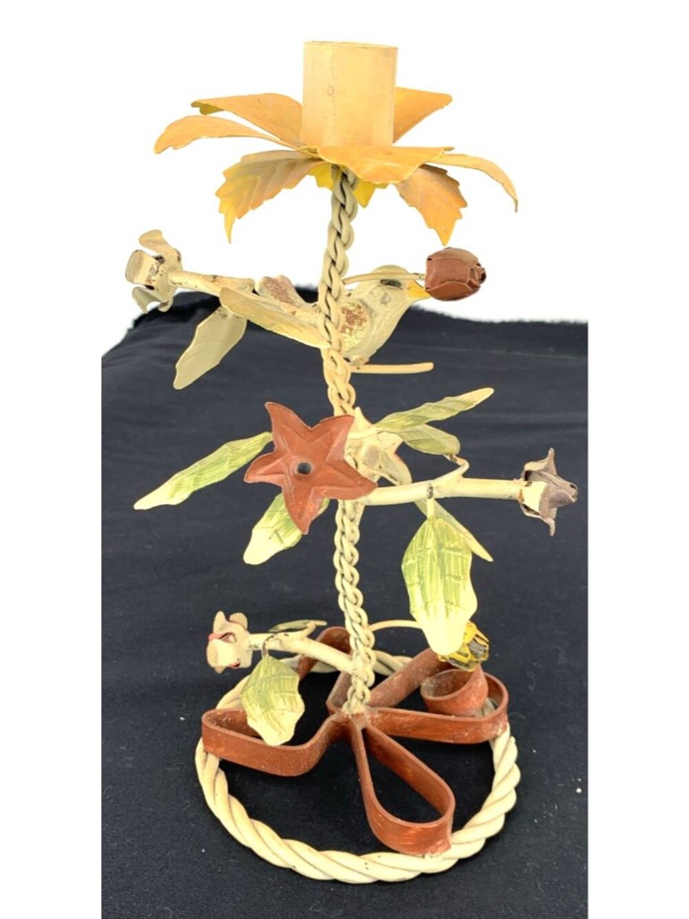 Italian Tole Candle Holder Roses Bird Flowers 9" Tall Hand Painted Metal - Picture 3 of 6